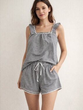 Rachel Zoe Black & White Gingham Ruffle Strap Sleep Set